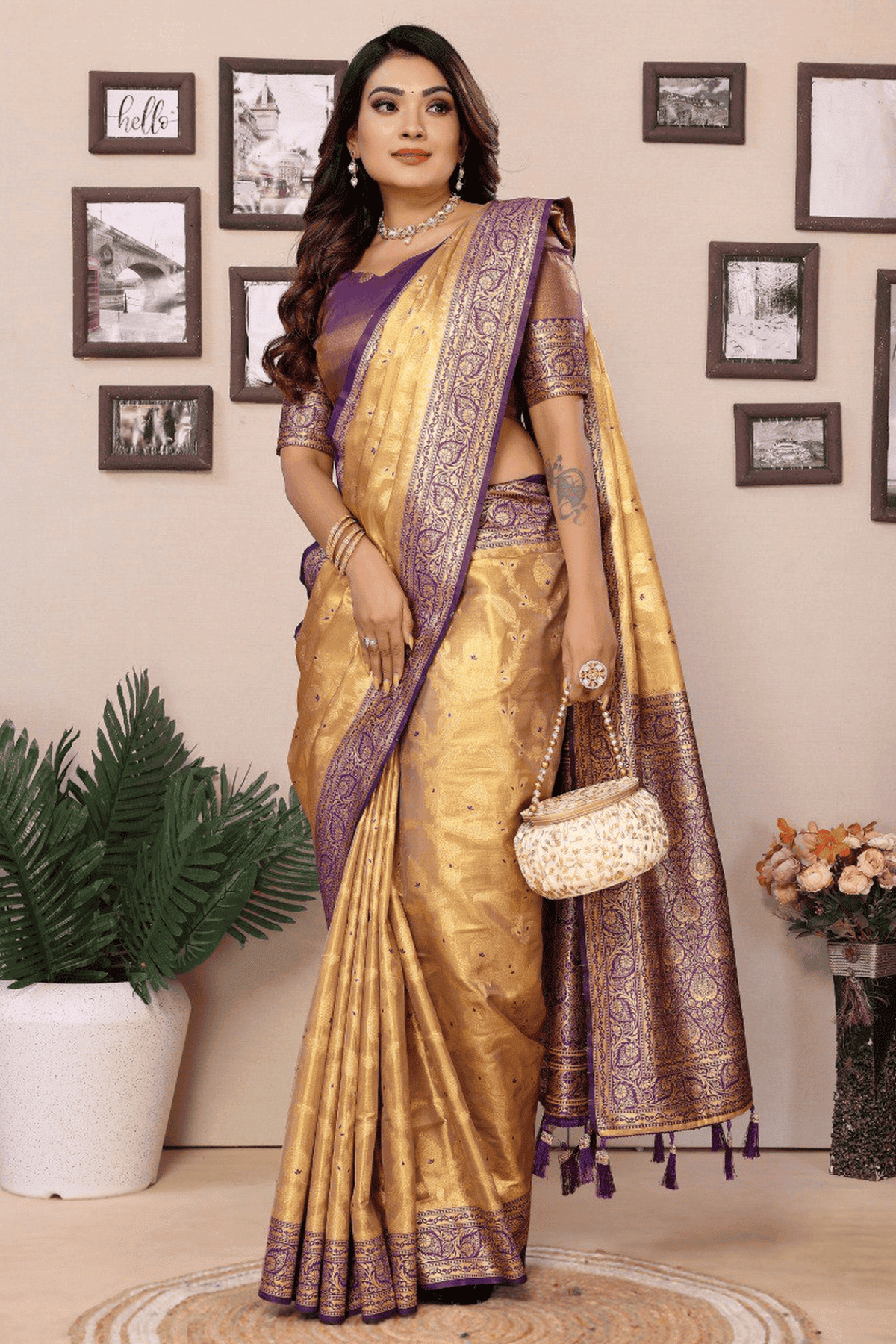 Beige Colour Woven Work Pure Banarasi Tissue Silk Traditional Saree VSSD1250255