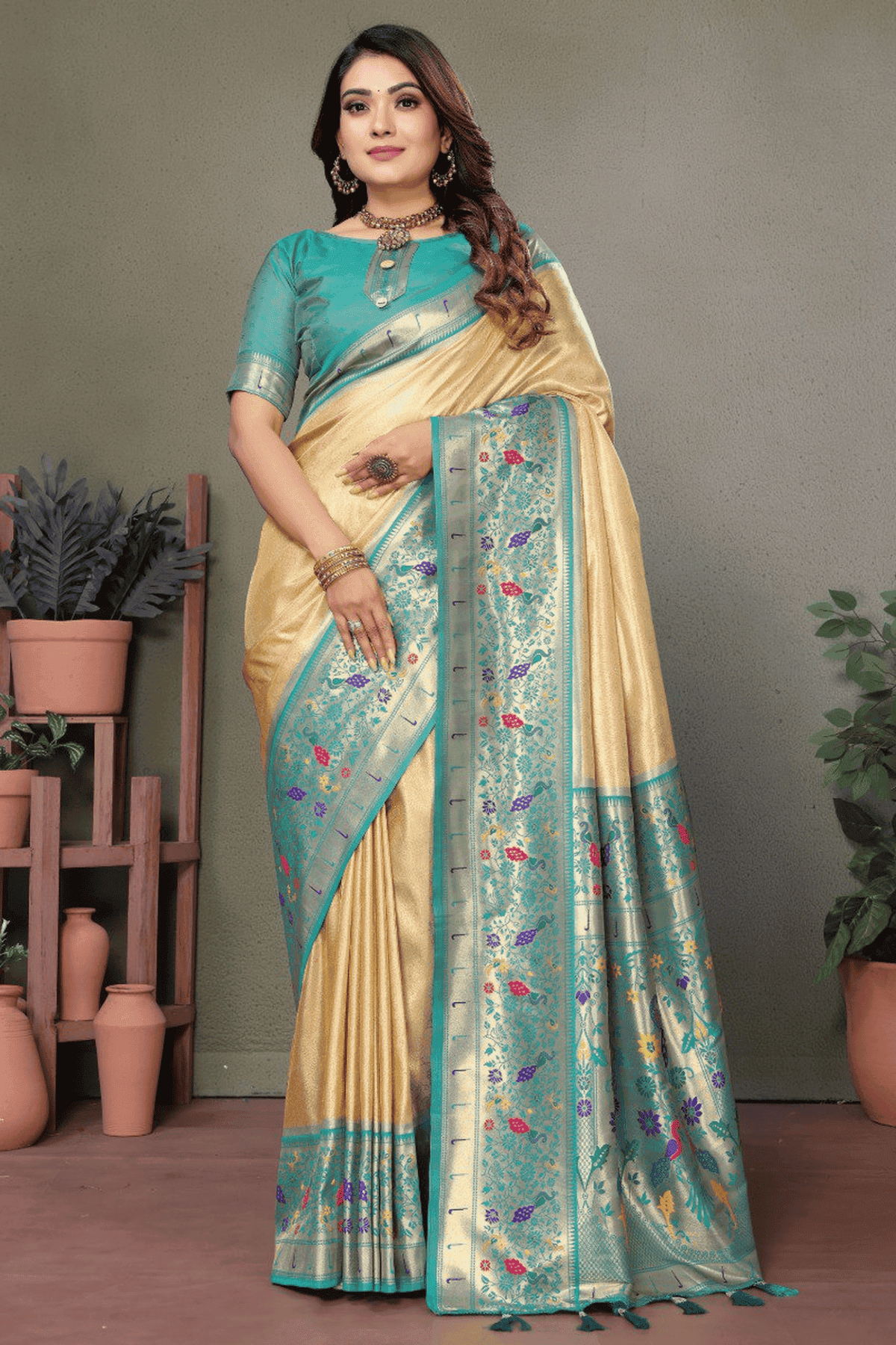 Beige Colour Woven Work Pure Banarasi Tissue Silk Traditional Saree VSSD1250265