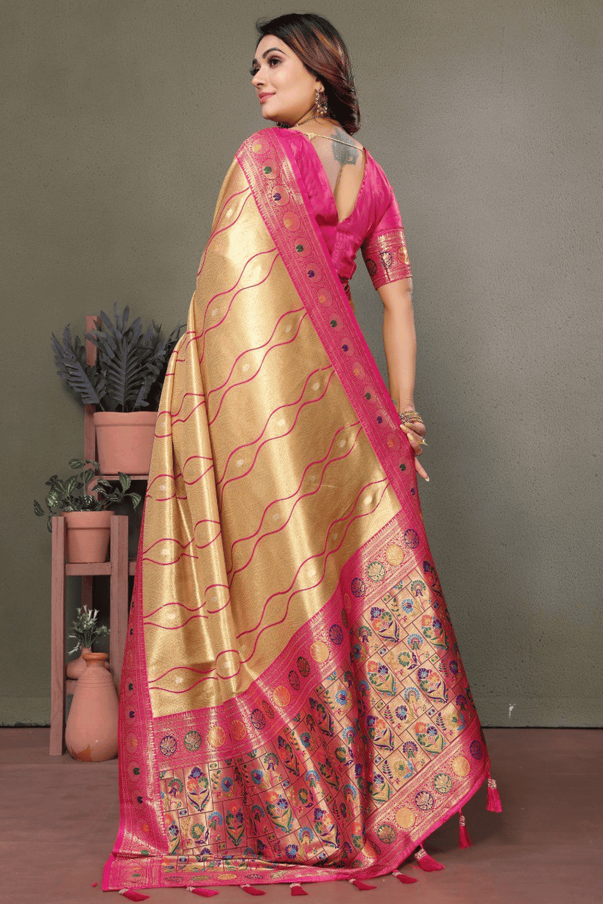 Beige Colour Woven Work Pure Banarasi Tissue Silk Traditional Saree VSSD1250323