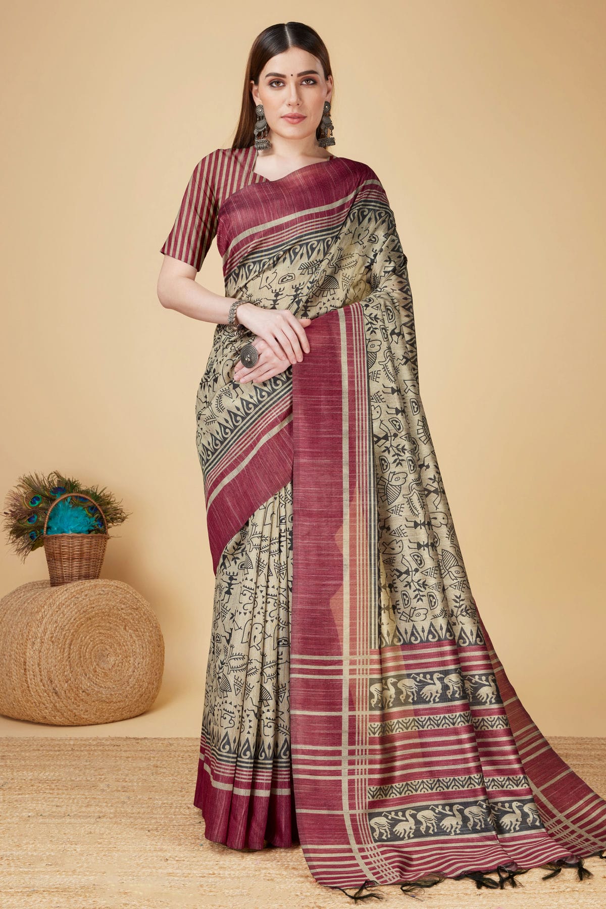 Beige Colour Woven Work Sofi Silk Saree