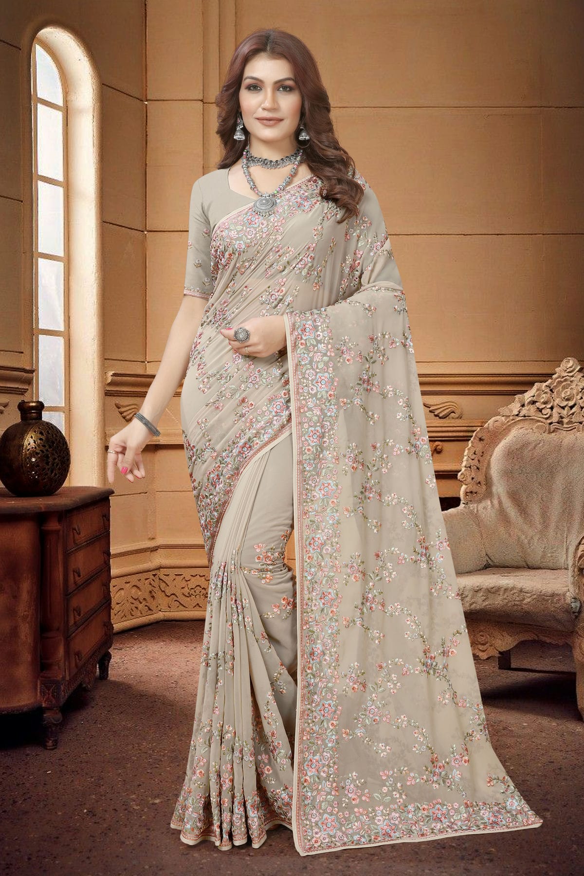 Beige Colour Georgette Saree