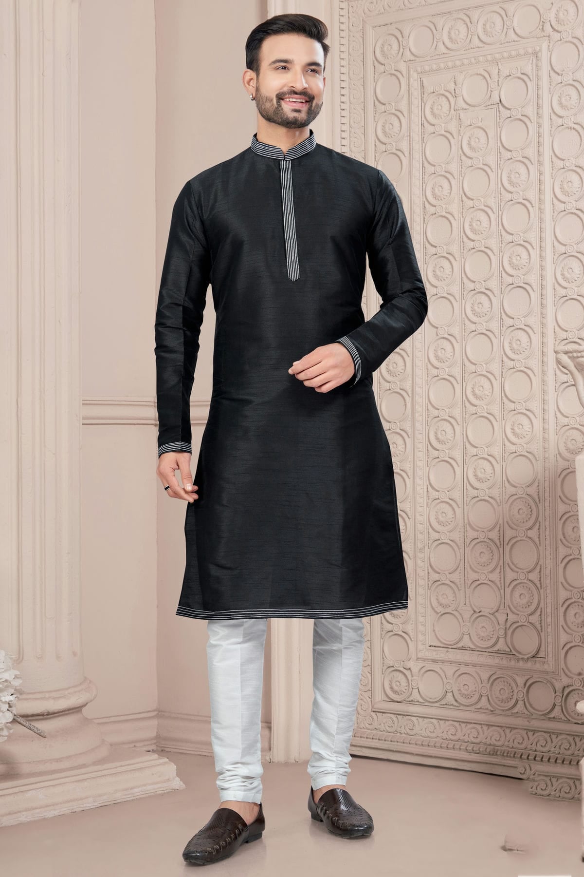 Black Art Silk Kurta Pajama