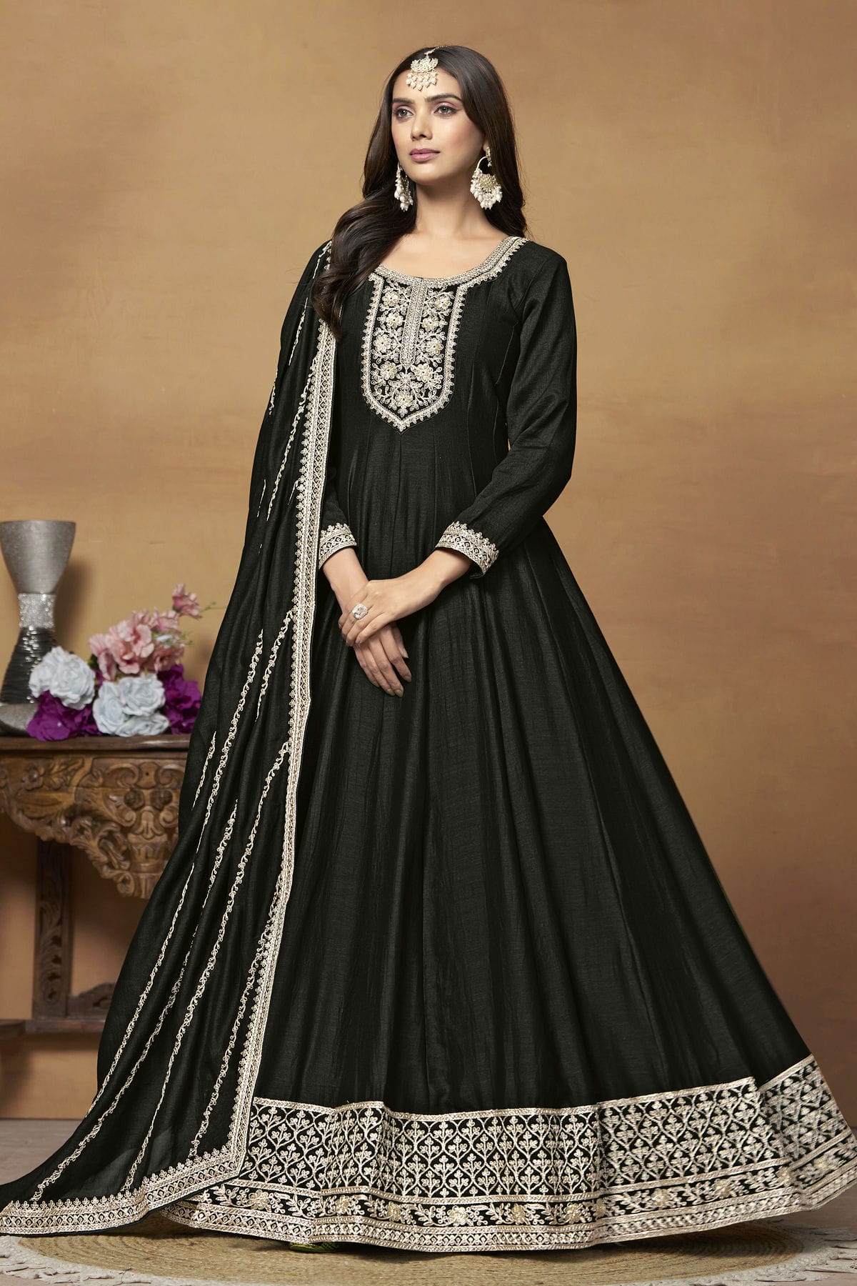 Black Colour Anarkali Suit Art Silk Semi Stitched