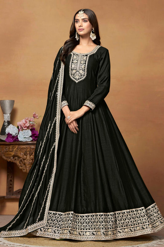 Black Colour Anarkali Suit Art Silk Semi Stitched