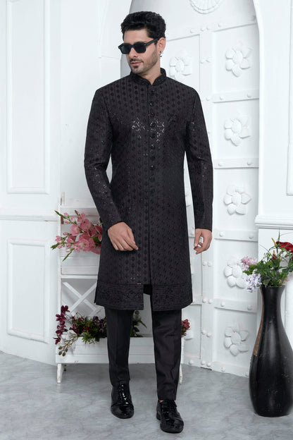 Black Colour Art Silk Indowestern Sherwani With Aligadhi Pant VSSH1230019