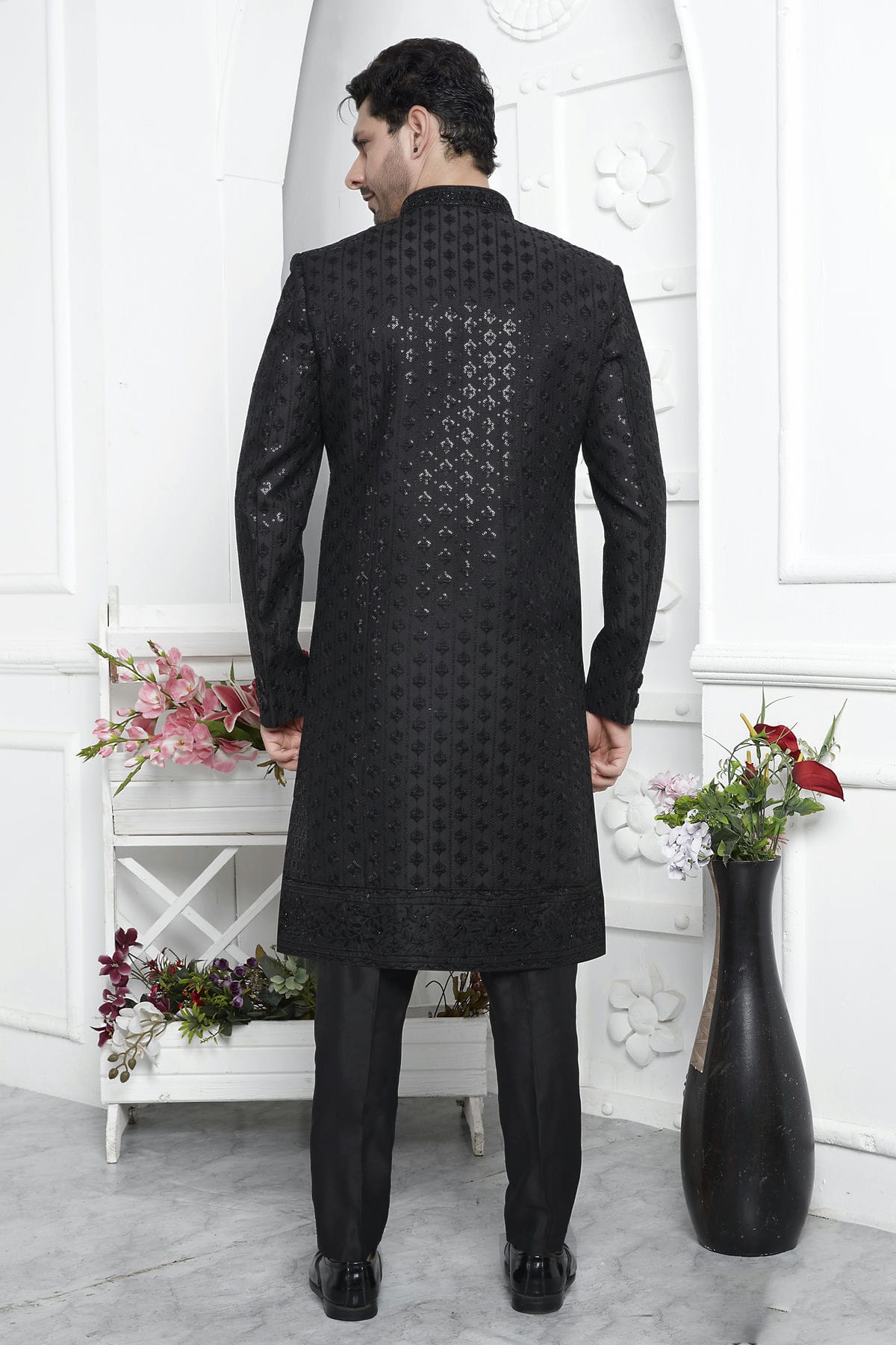 Black Colour Art Silk Indowestern Sherwani With Aligadhi Pant VSSH1230019