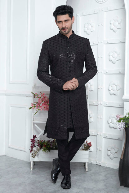 Black Colour Art Silk Indowestern Sherwani With Aligadhi Pant