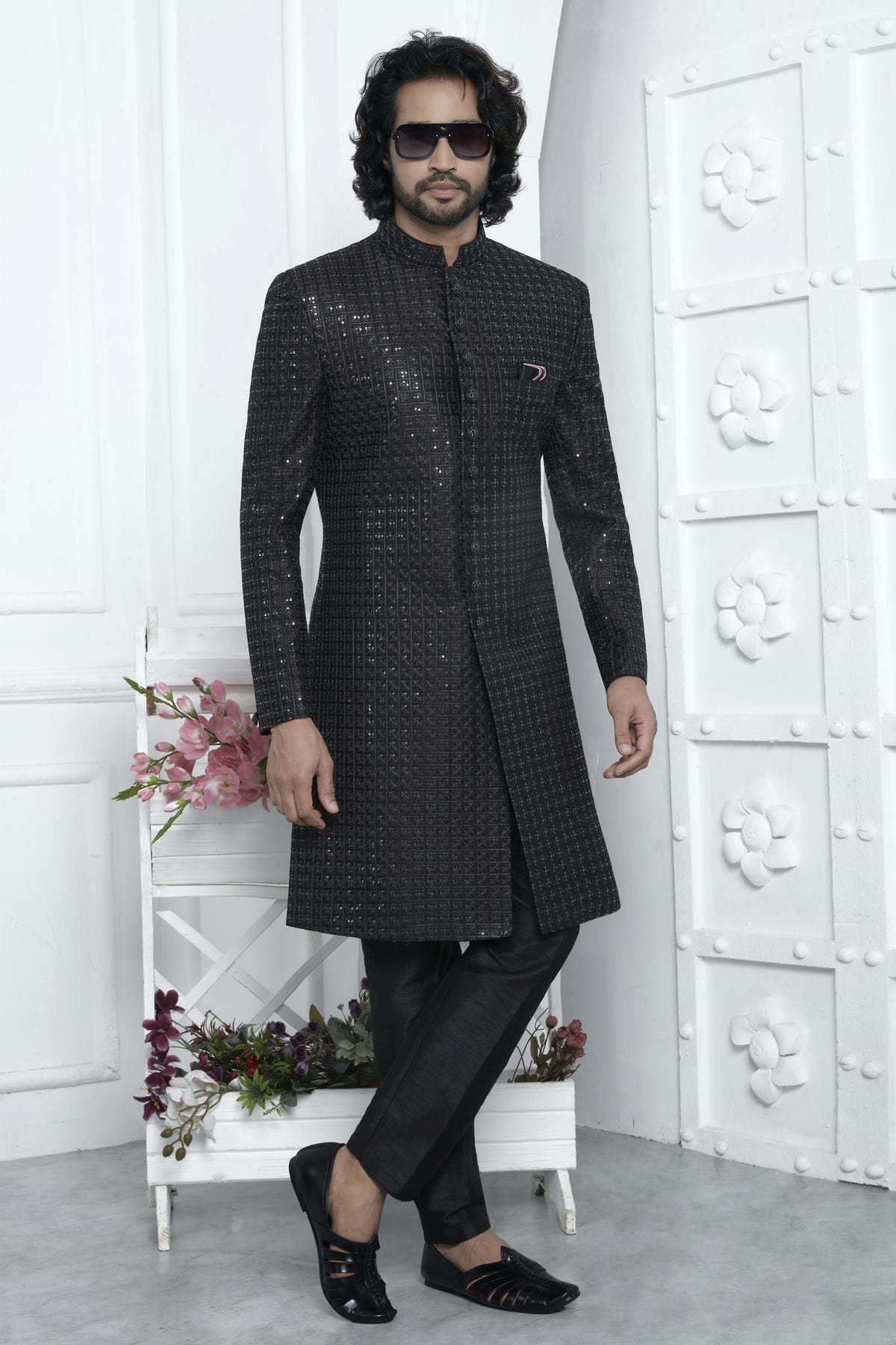 Black Colour Art Silk Indowestern Sherwani With Aligadhi Pant VSSH1230025