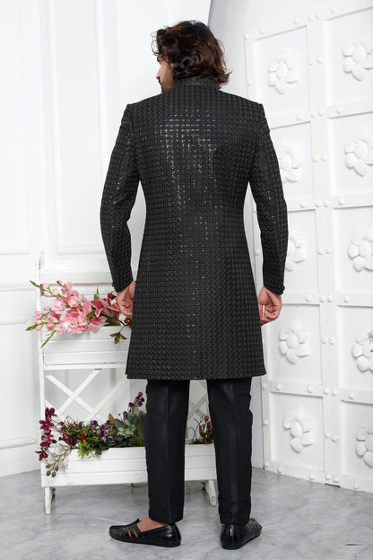 Black Colour Art Silk Indowestern Sherwani With Aligadhi Pant VSSH1230025