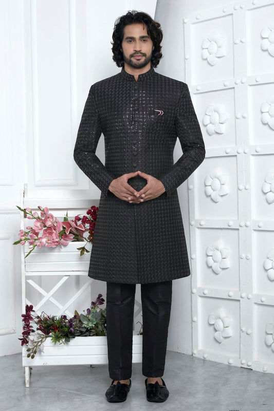 Black Colour Art Silk Indowestern Sherwani With Aligadhi Pant