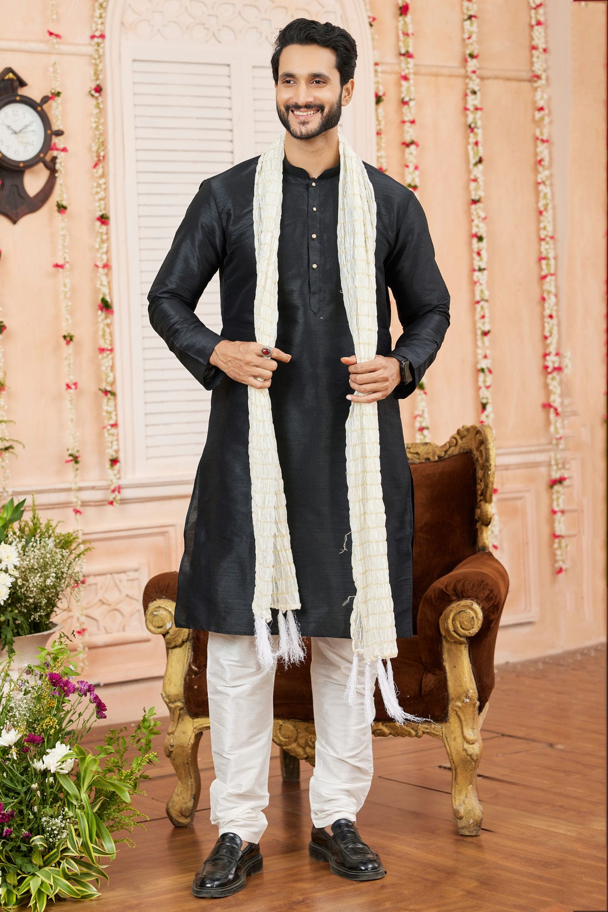 Black Colour Art Silk Kurta Pajama With Stole