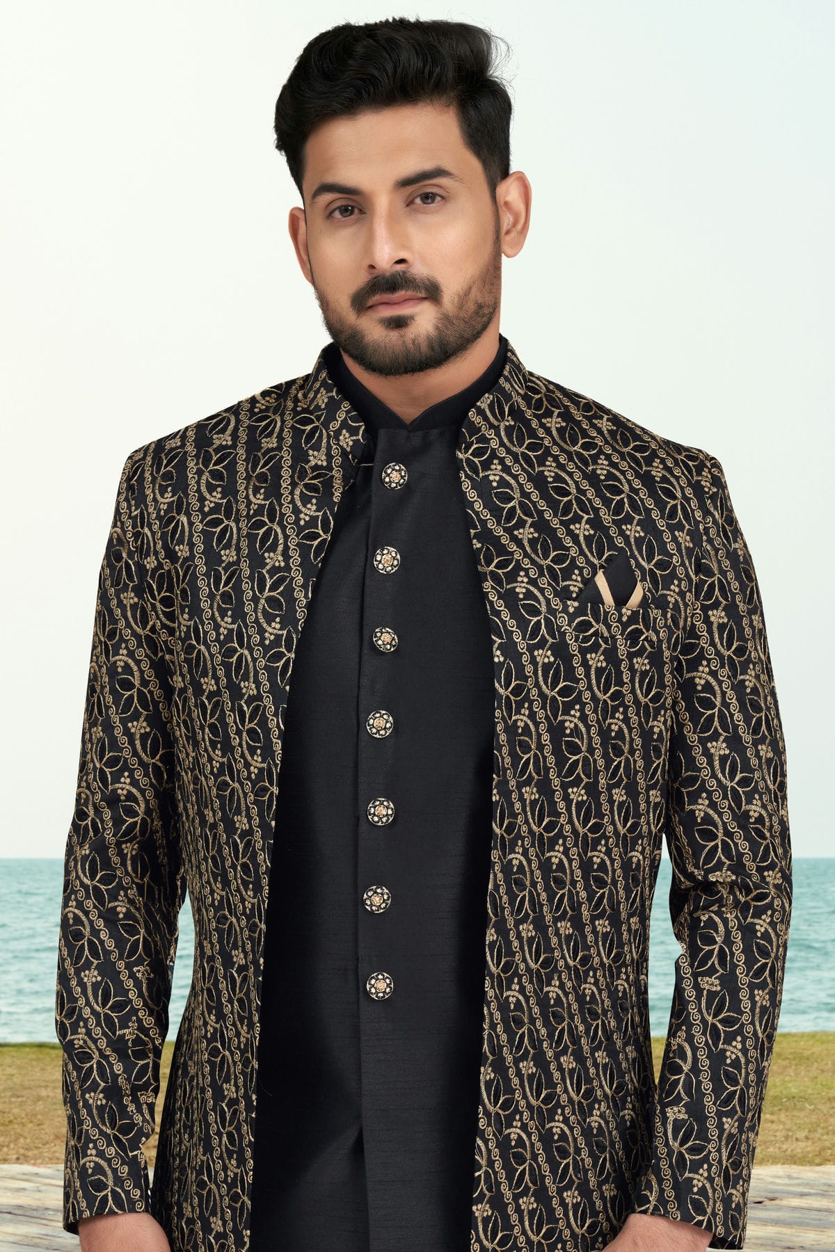 Black Colour Banarasi Silk Sherwani VSSH1040525