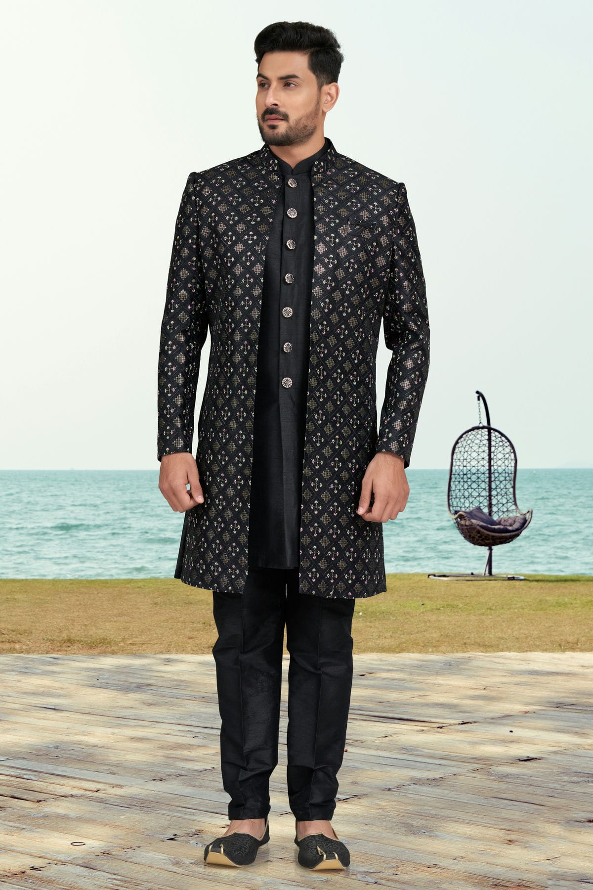 Black Colour Banarasi Silk Sherwani VSSH1040526