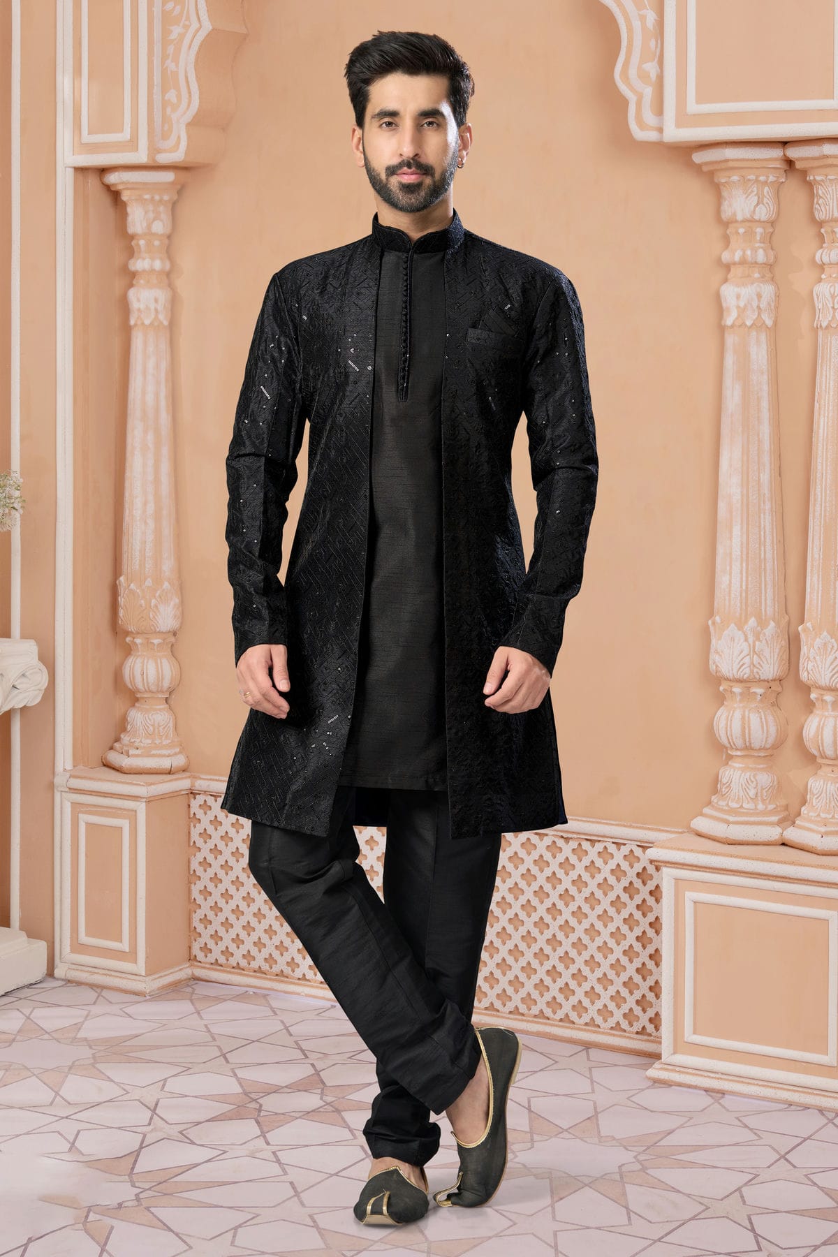 Black Colour Banglori Silk Sherwani VSSH1040549