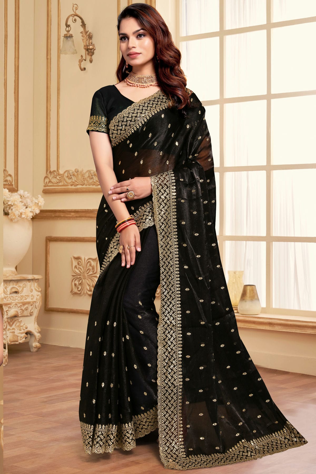 Black Colour Burberry Silk Designer Saree