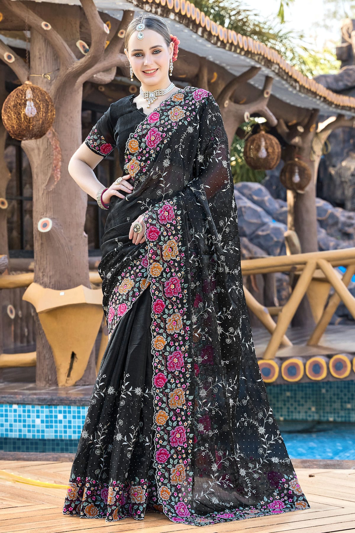 Black Colour Burberry Silk Designer Saree