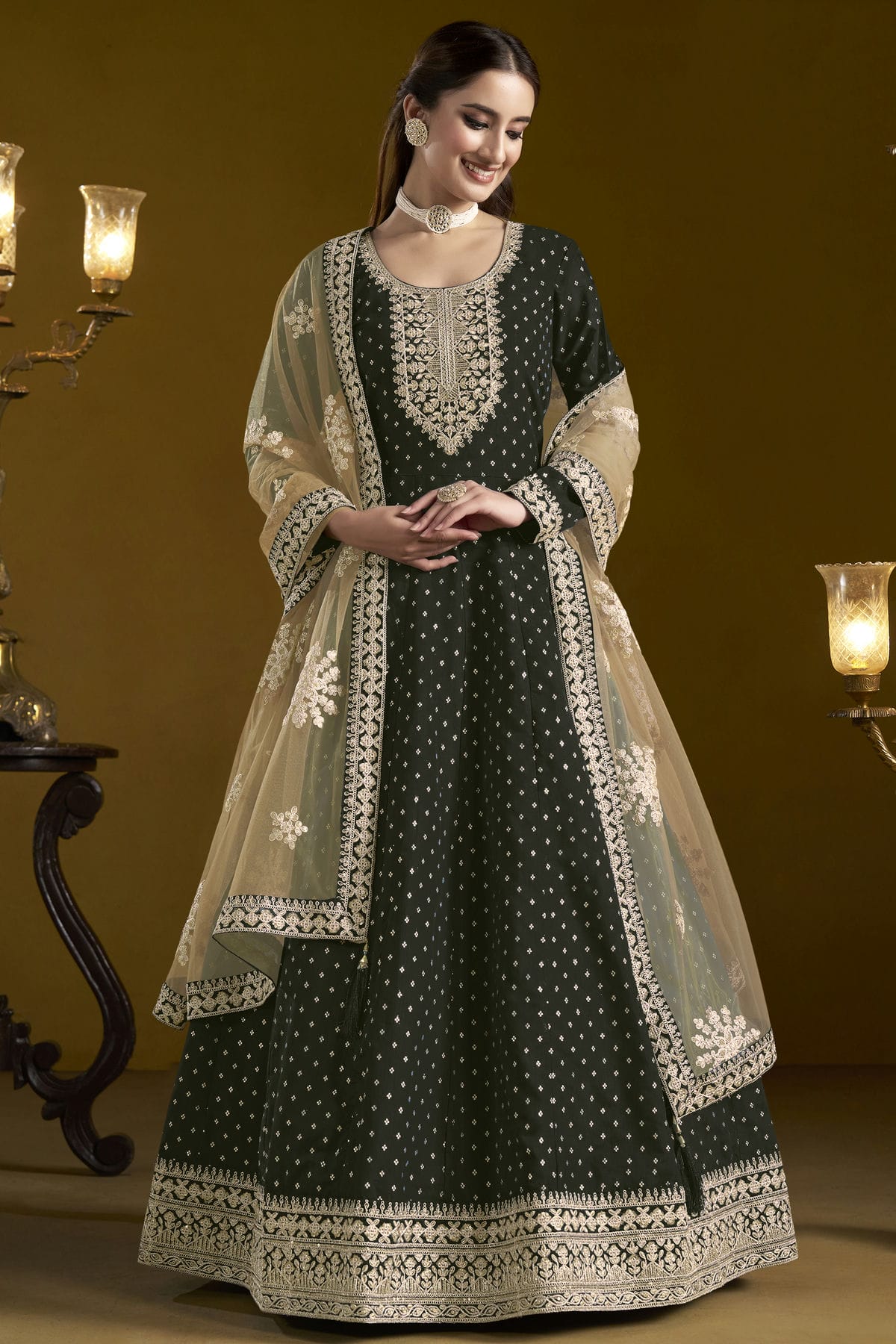 Black Colour Chanderi Butti Semi Stitched Anarkali Suit