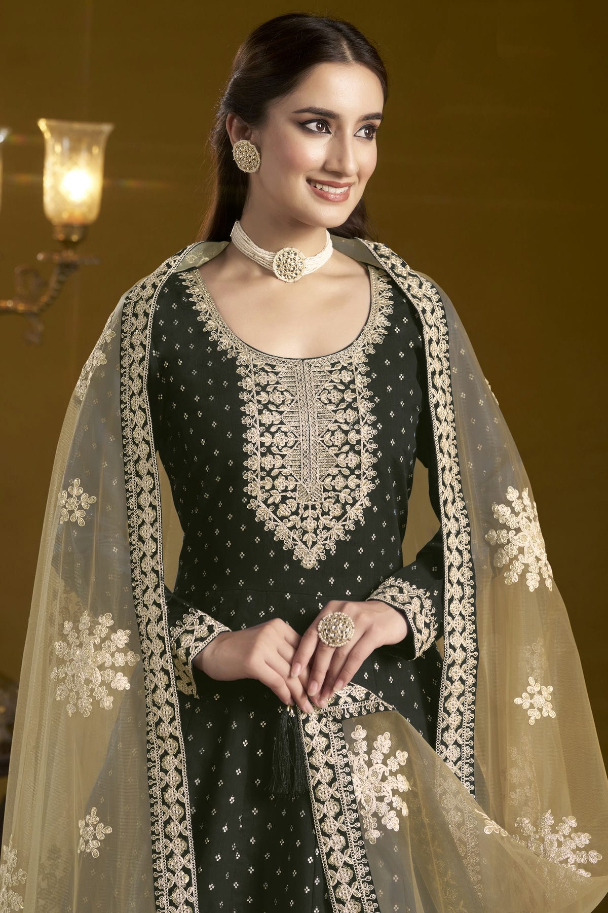 Black Colour Chanderi Butti Semi Stitched Anarkali Suit