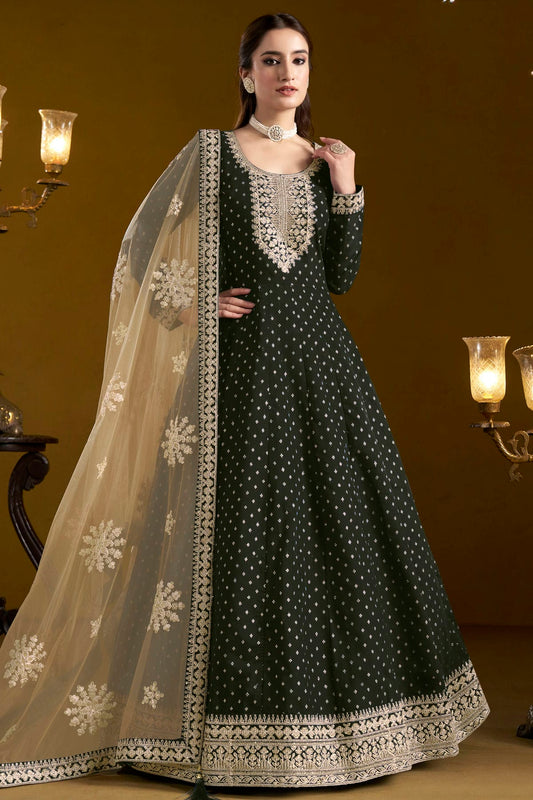 Black Colour Chanderi Butti Semi Stitched Anarkali Suit