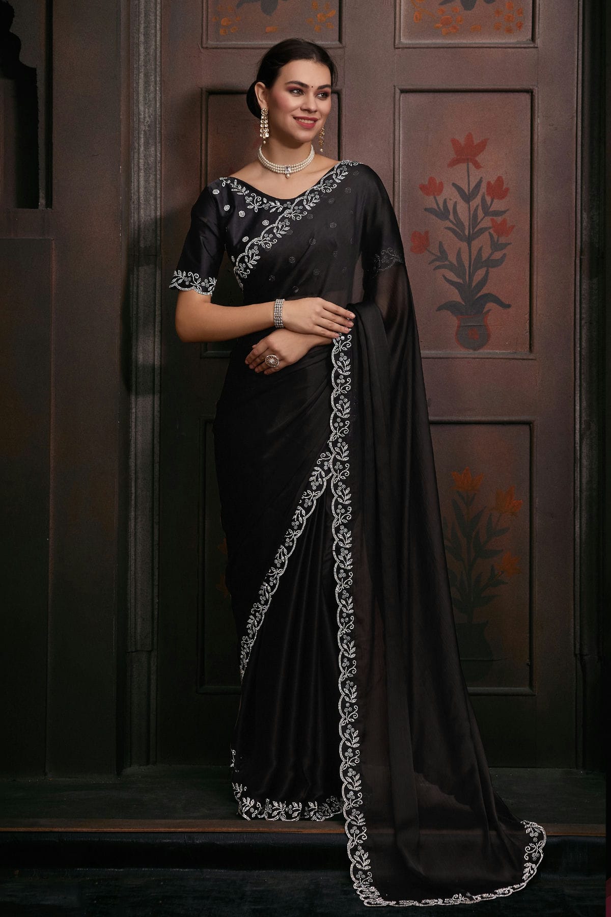 Black Colour Chiffon Designer Saree