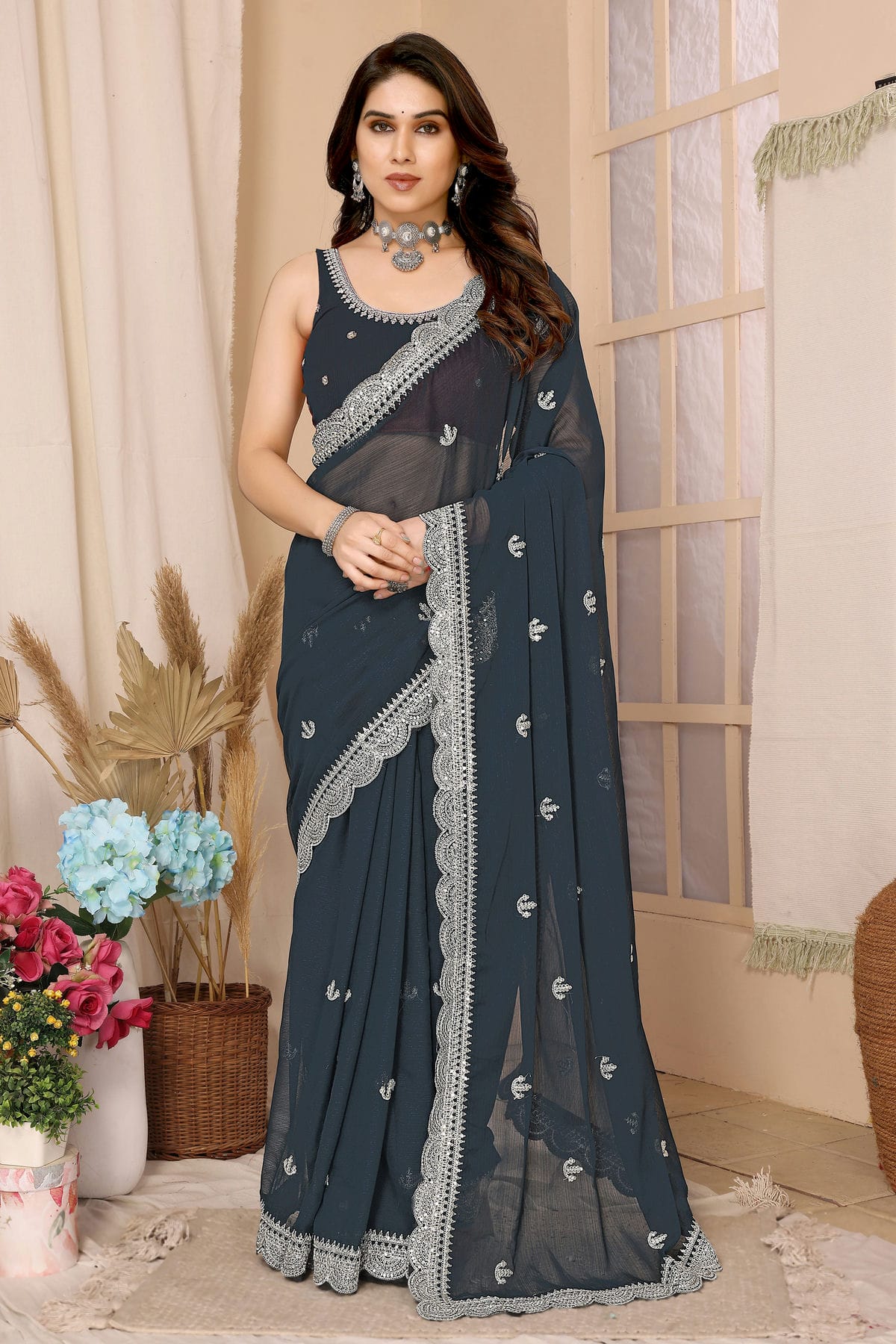 Black Colour Chiffon Saree