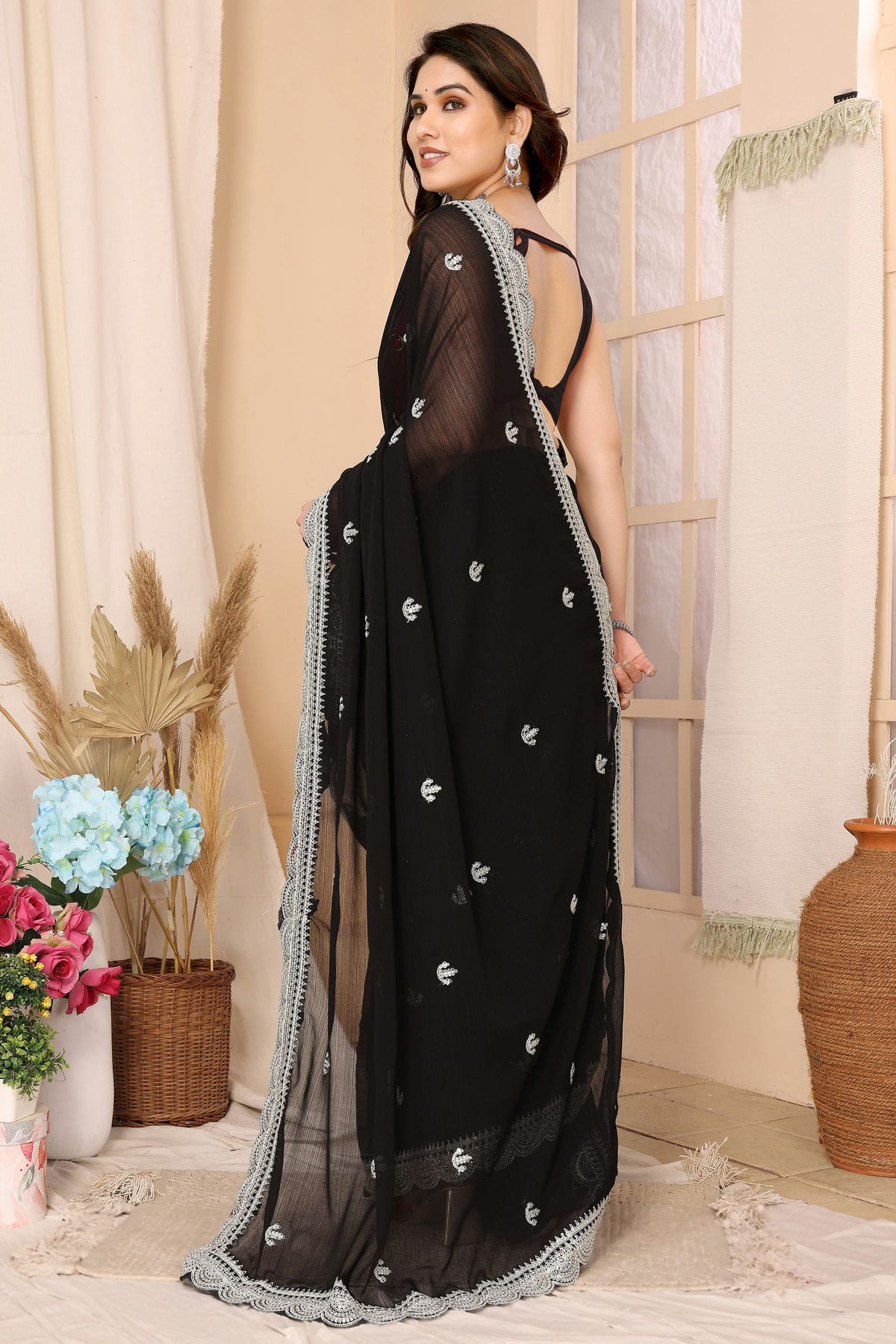 Black Colour Chiffon Saree