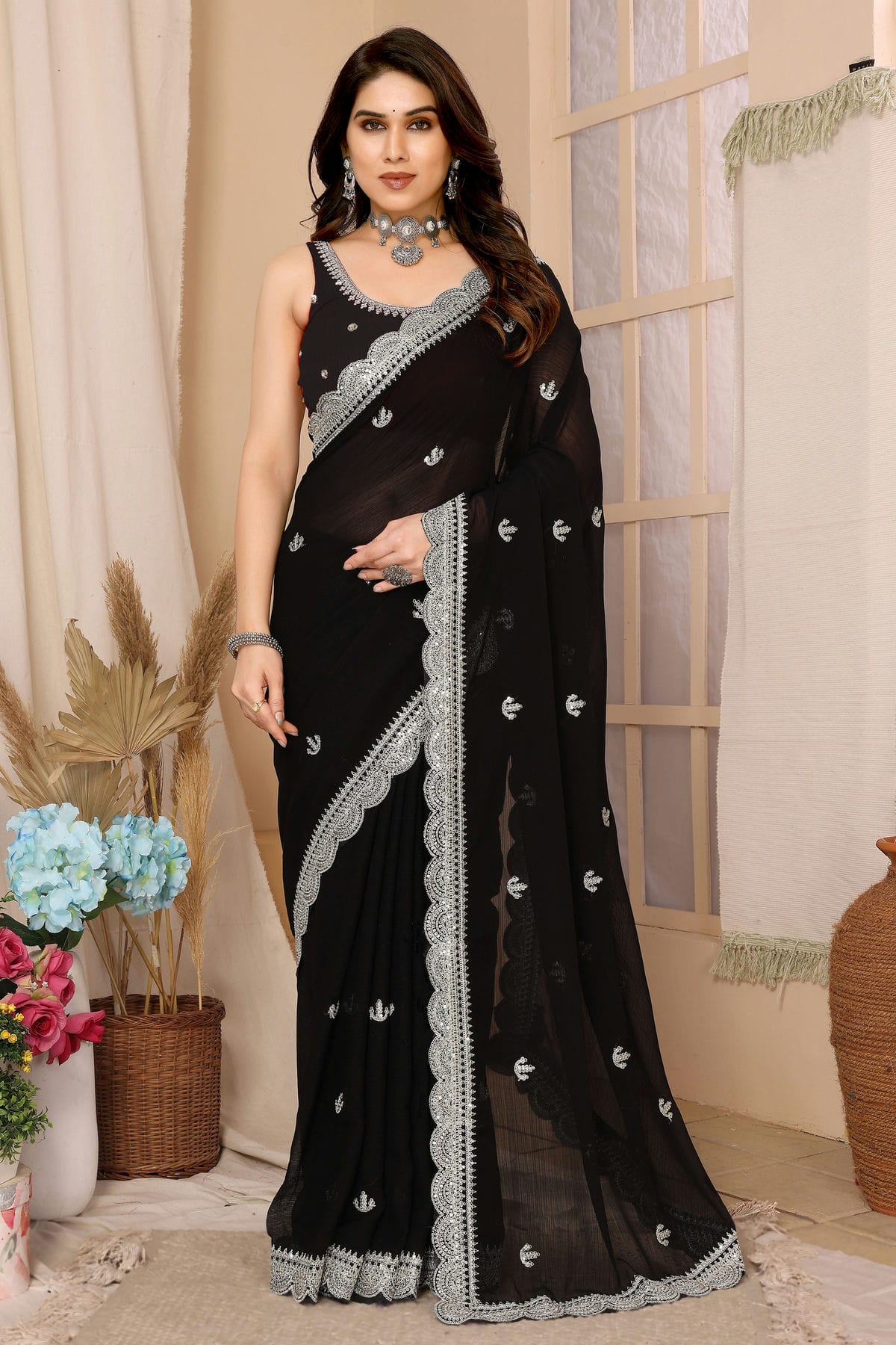 Black Colour Chiffon Saree