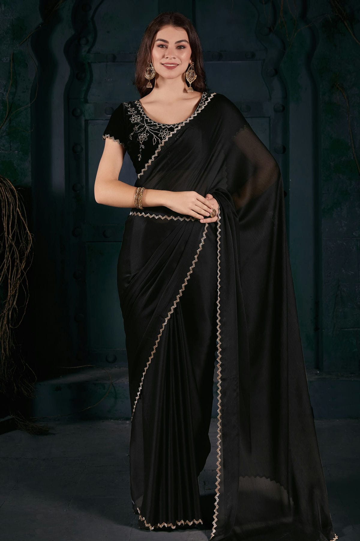 Black Colour Chiffon Silk Designer Saree