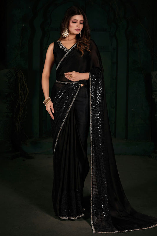 Black Colour Chiffon Silk Designer Saree