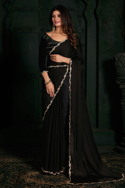 Black Colour Chiffon Silk Designer Saree