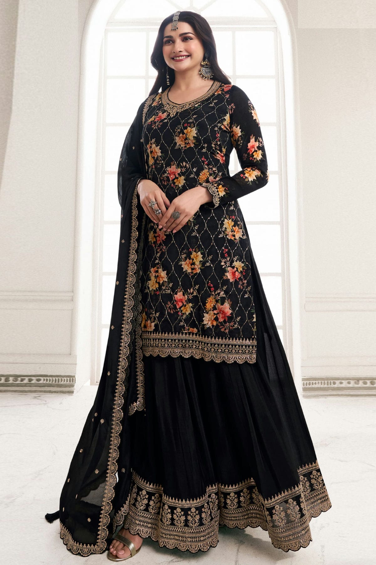 Black Colour Chinon Sharara Suit