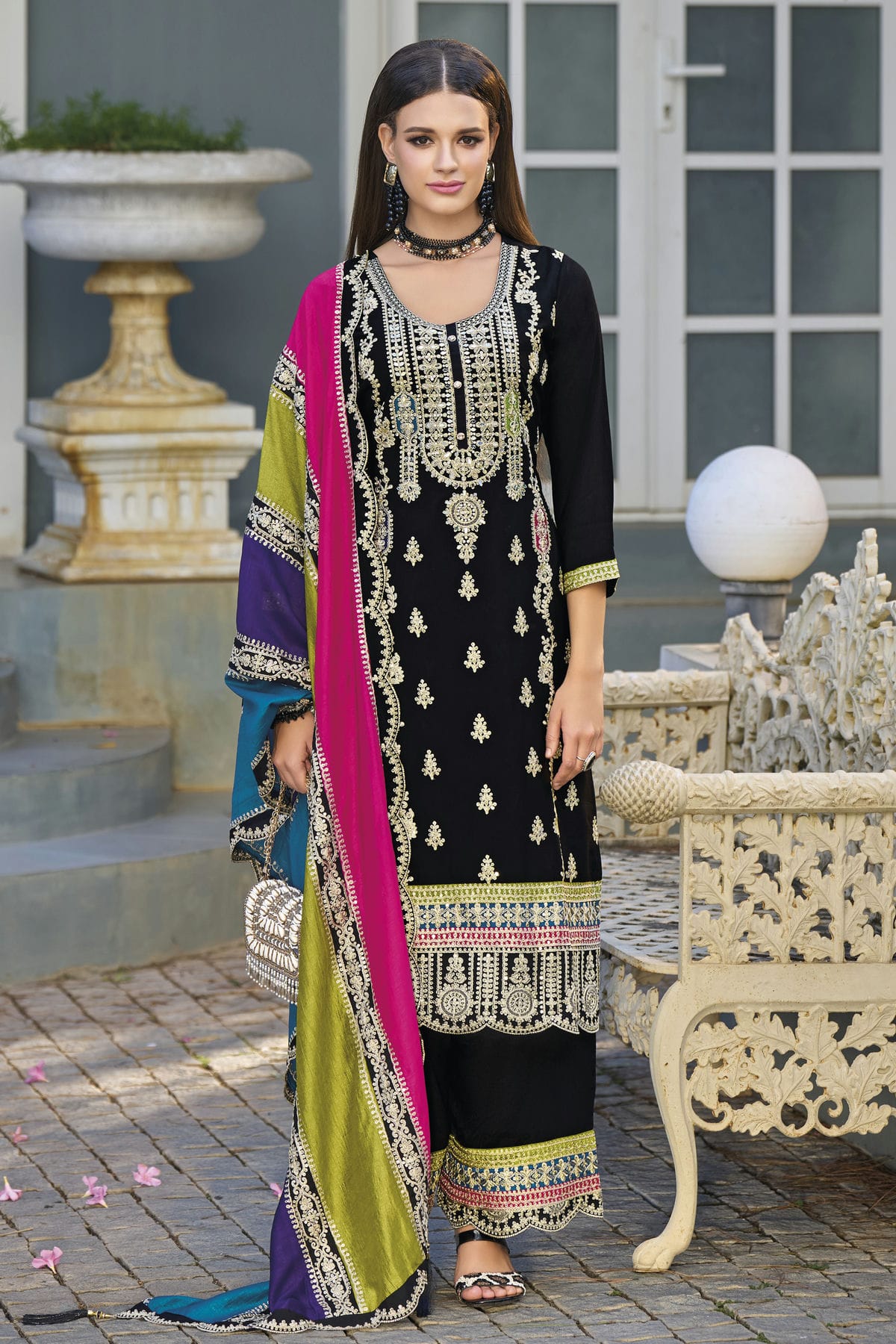 Black Colour Chinon Silk Pakistani Suit