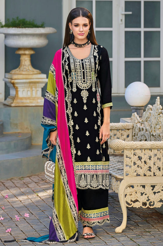 Black Colour Chinon Silk Pakistani Suit