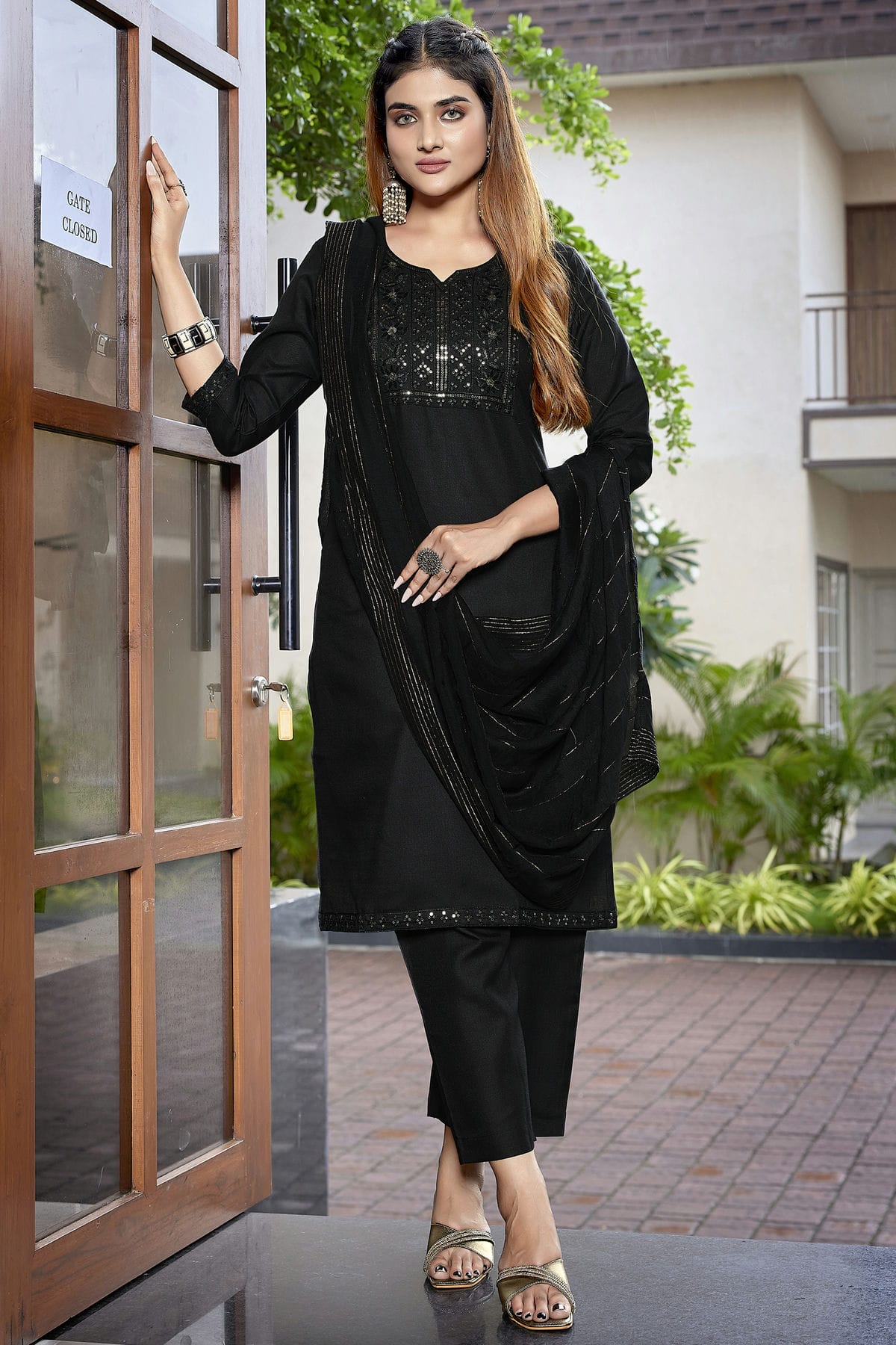 Black Colour Cotton Blend Stitched Suit