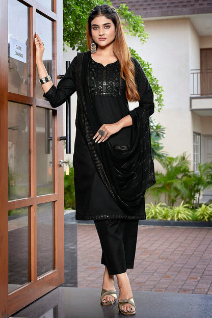 Black Colour Cotton Blend Stitched Suit