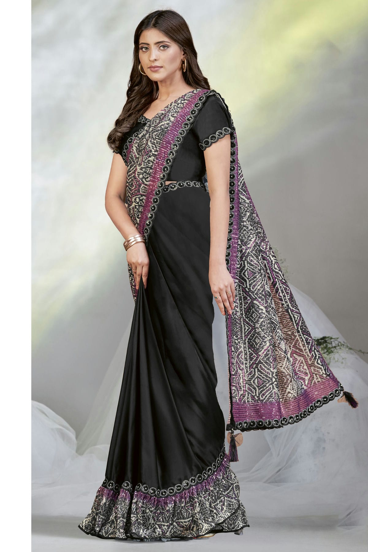 Black Colour Crepe Satin Silk Ready To Wear Saree