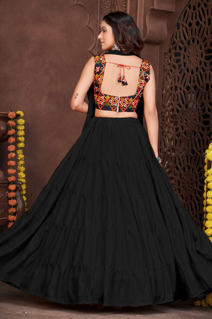 Black Colour Embroidery Work French Crepe Navratri Lehenga