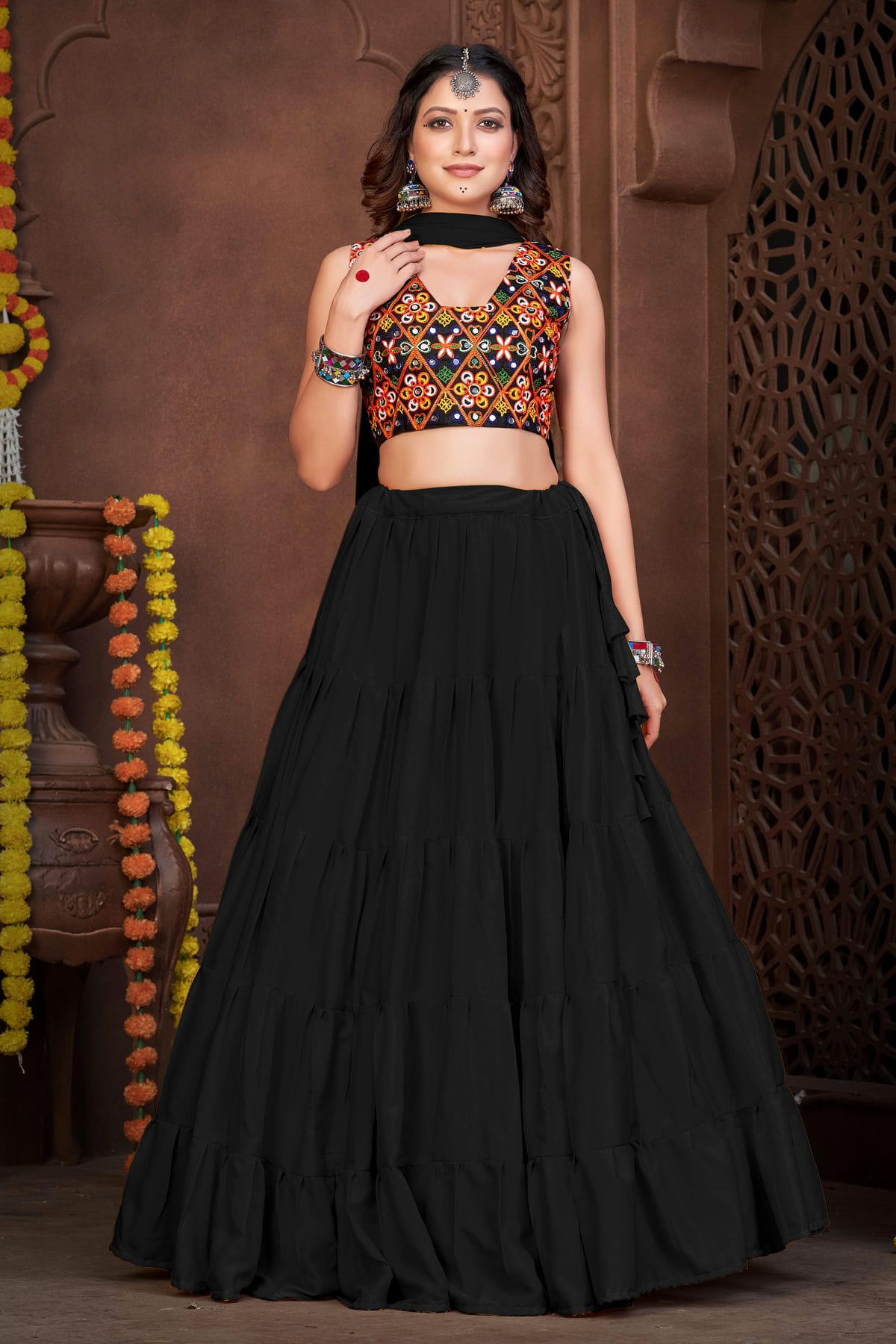 Black Colour Embroidery Work French Crepe Navratri Lehenga