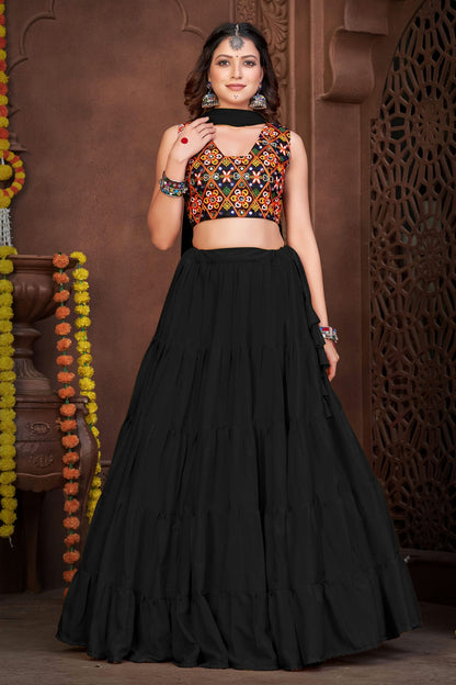 Black Colour Embroidery Work French Crepe Navratri Lehenga