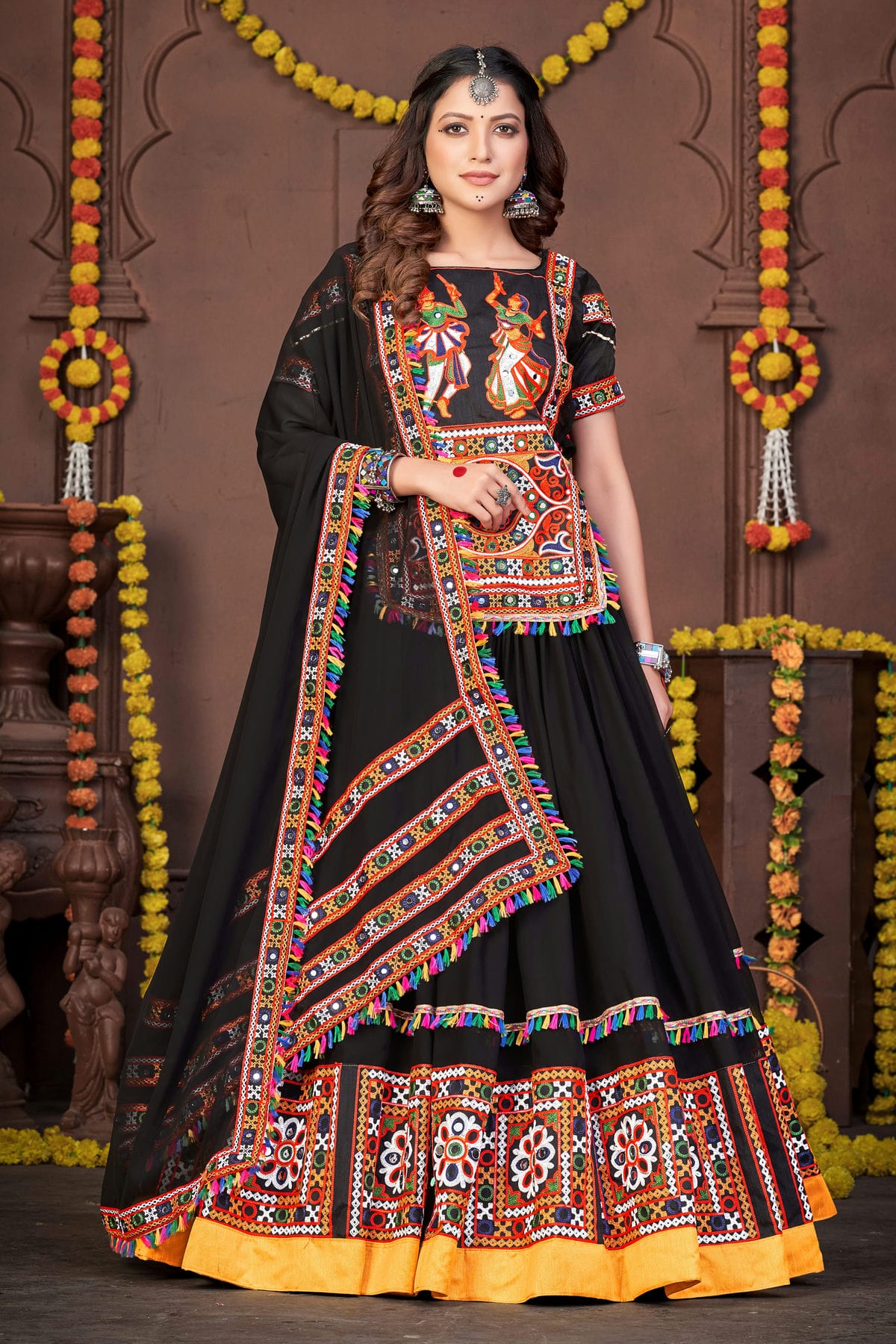 Black Colour Embroidery Work Georgette Navratri Lehenga