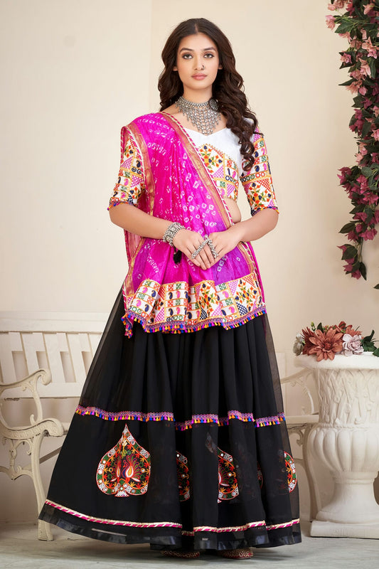 Black Colour Embroidery Work Georgette Navratri Lehenga