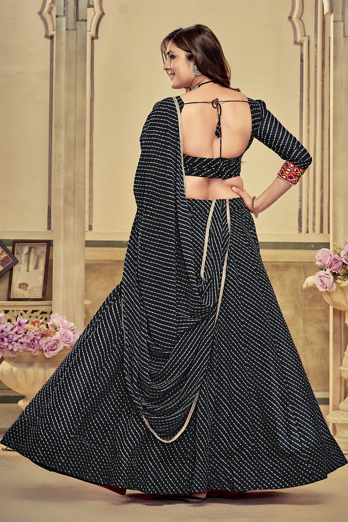 Black Colour Embroidery Work Georgette Navratri Lehenga