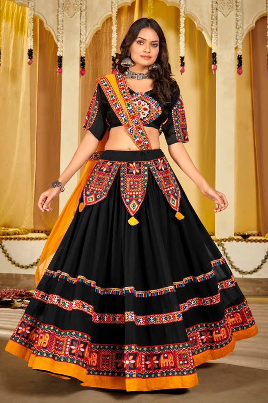 Black Colour Embroidery Work Georgette Navratri Lehenga