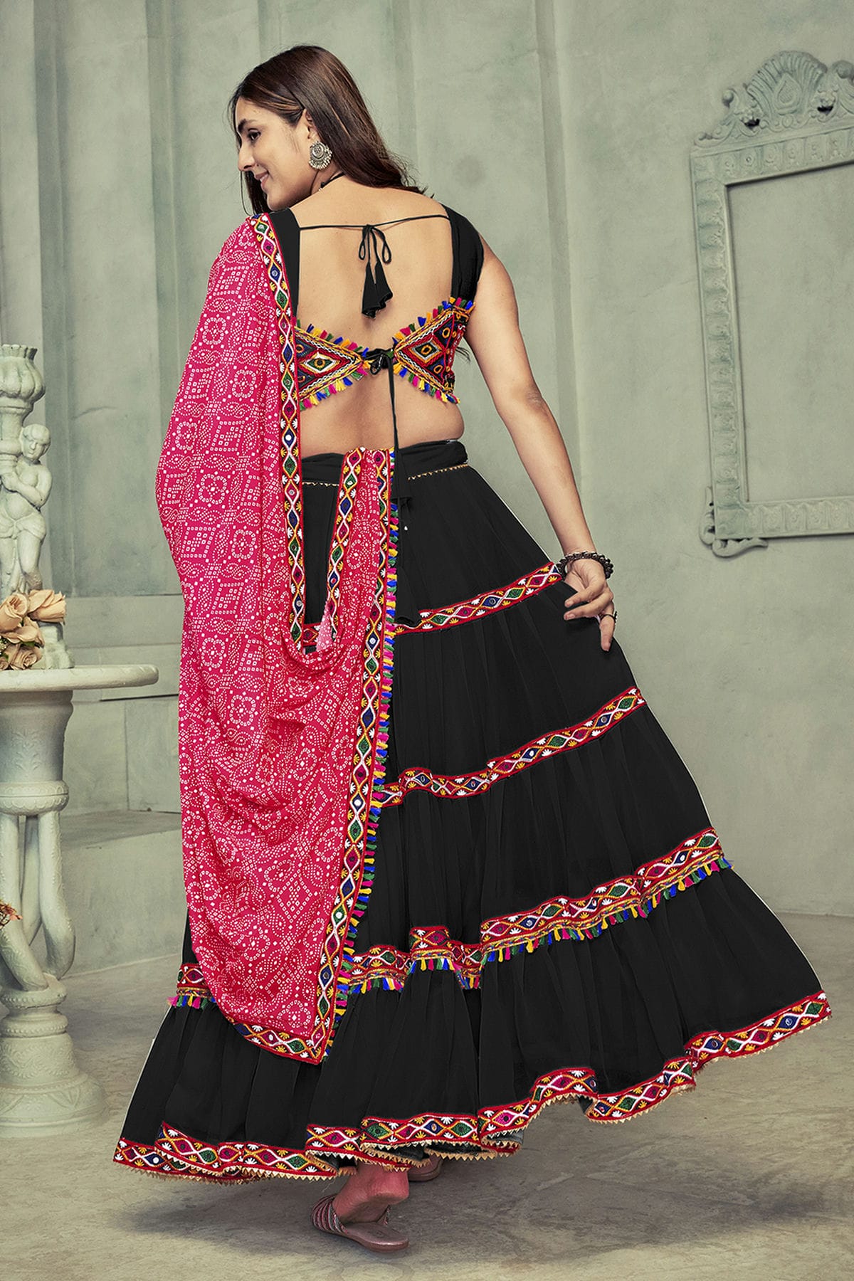 Black Colour Embroidery Work Georgette Navratri Lehenga