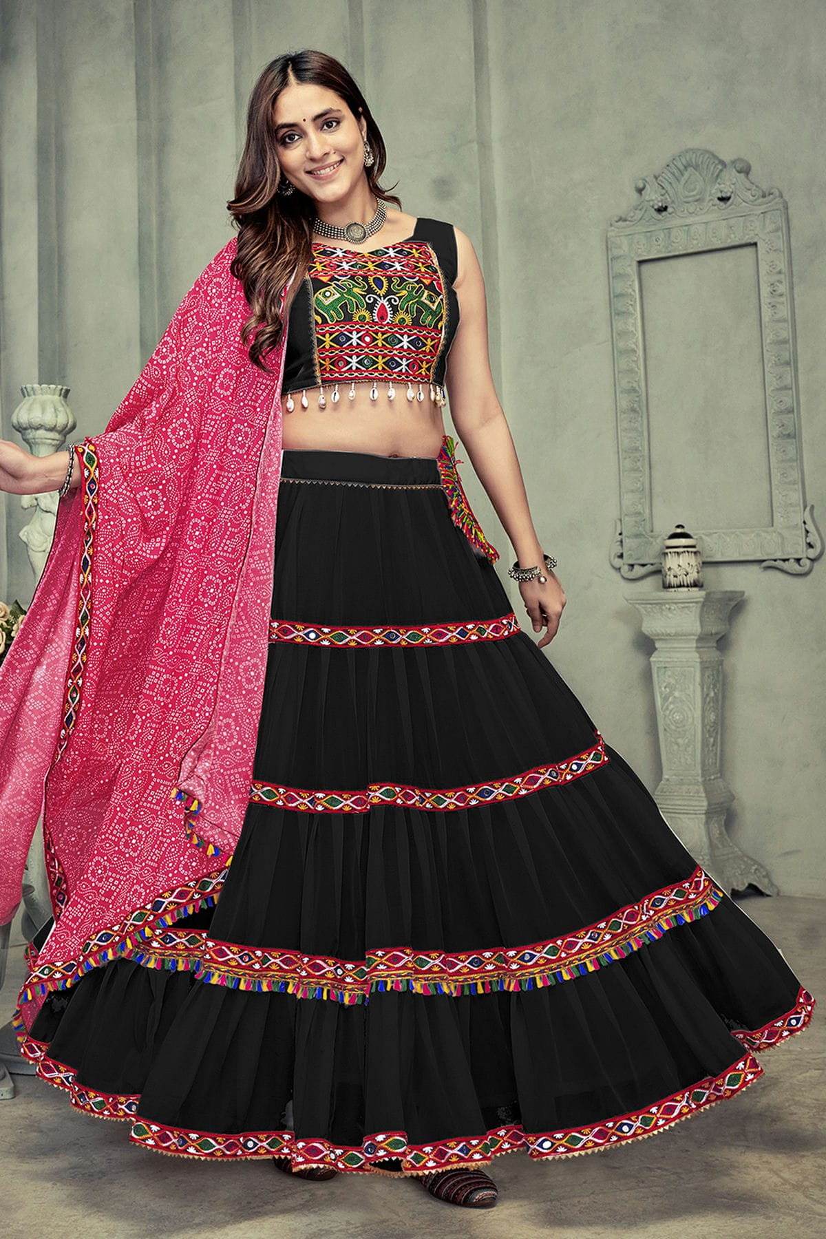 Black Colour Embroidery Work Georgette Navratri Lehenga