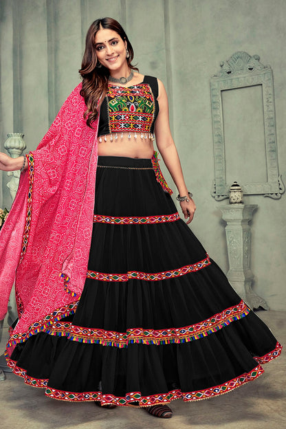 Black Colour Embroidery Work Georgette Navratri Lehenga