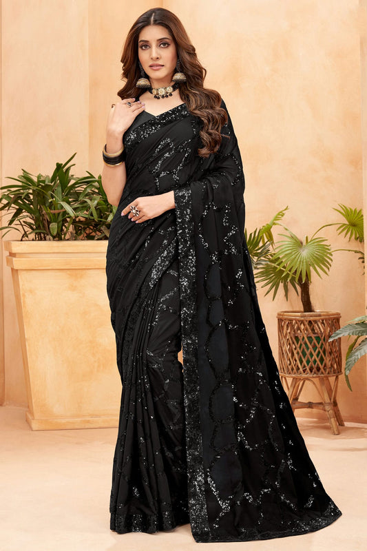 Black Colour Faux Georgette Designer Saree