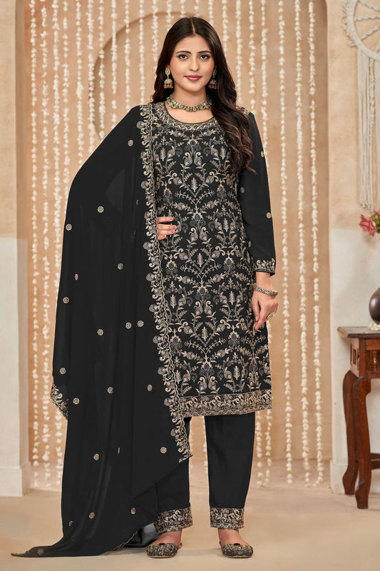 Black Colour Faux Georgette Pant Style Suit