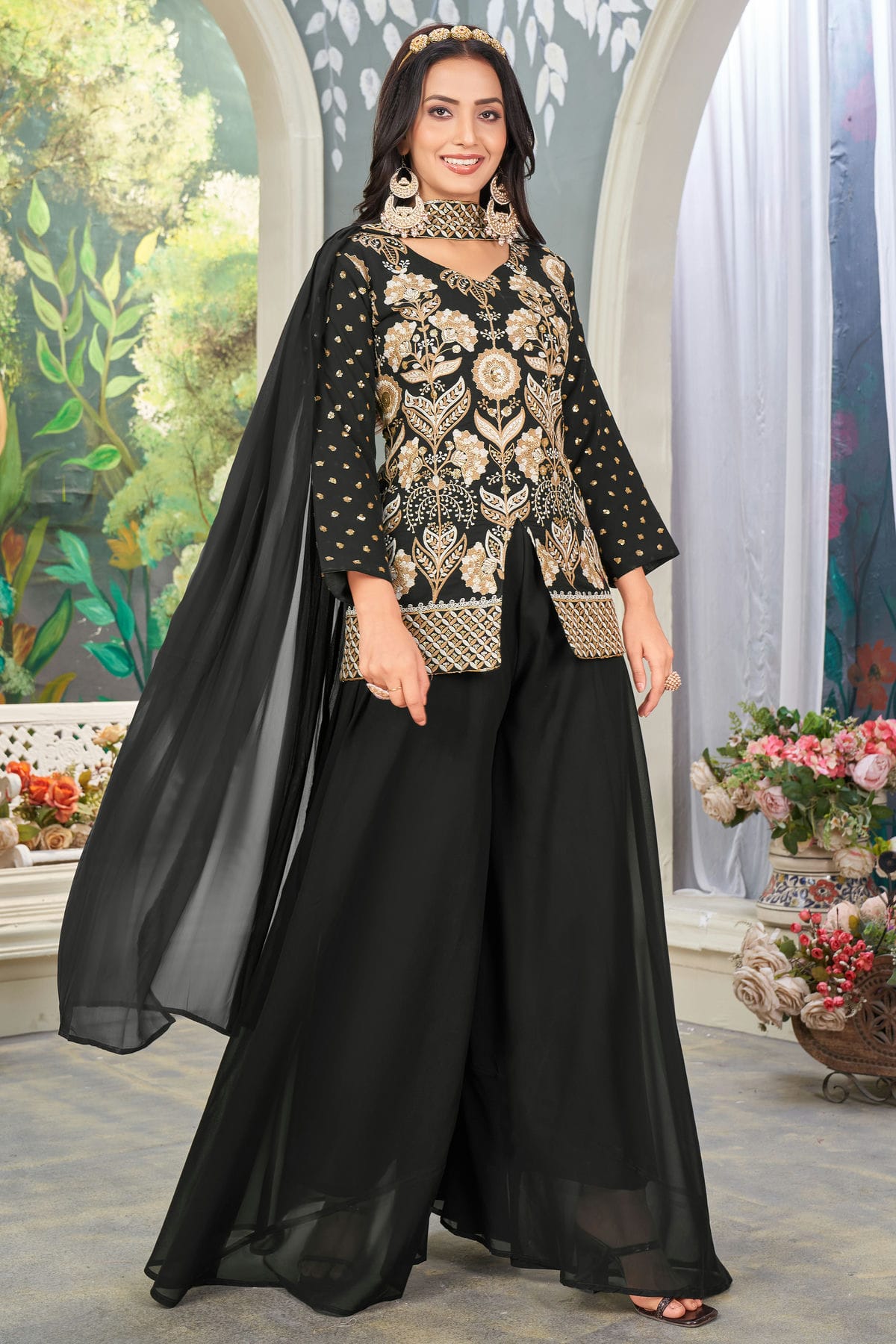 Black Colour Faux Georgette Readymade Palazzo Pant Suit