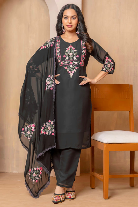 Black Colour Faux Georgette Stitched Suit